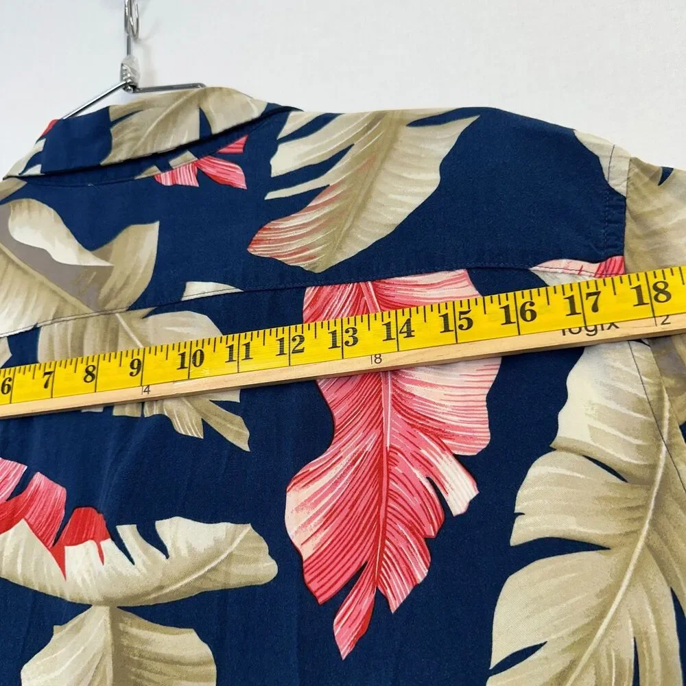 Banana Republic Rayon Hawaiian Camp Shirt Men's Large Tropical Leaf Blue Pink